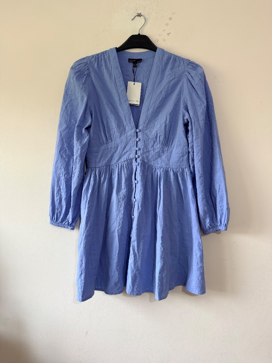 Nobody’s Child Blue Mini Dress UK 10 NWT 100% Cotton Puff Sleeve Button Front
