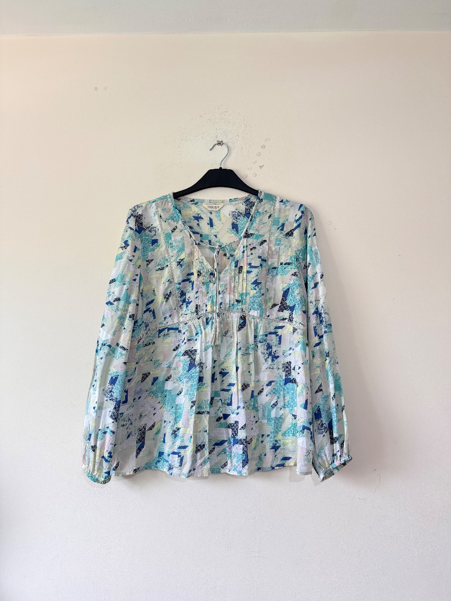 M&S Indigo Collection 100% Modal Boho Blouse UK 14 Abstract Print Tassel Tie Top