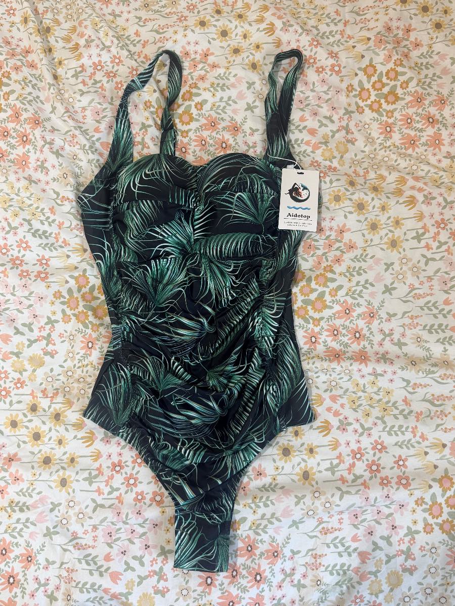 NWT Aidotop Tropical Leaf Print Swimsuit One Piece Tummy Control Ruched Swimming Costume M/L