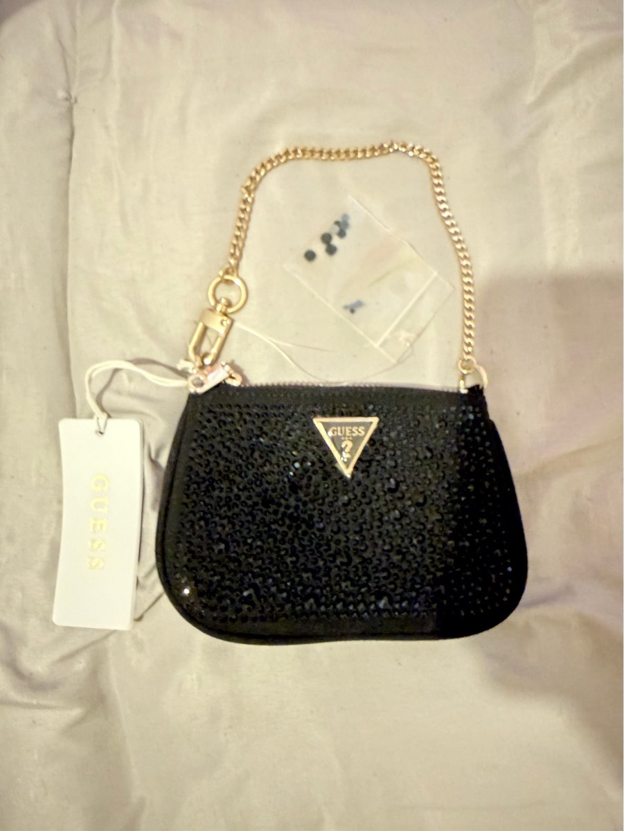 GUESS Black Rhinestone Mini Bag Crystal Evening Party Purse Chain Strap