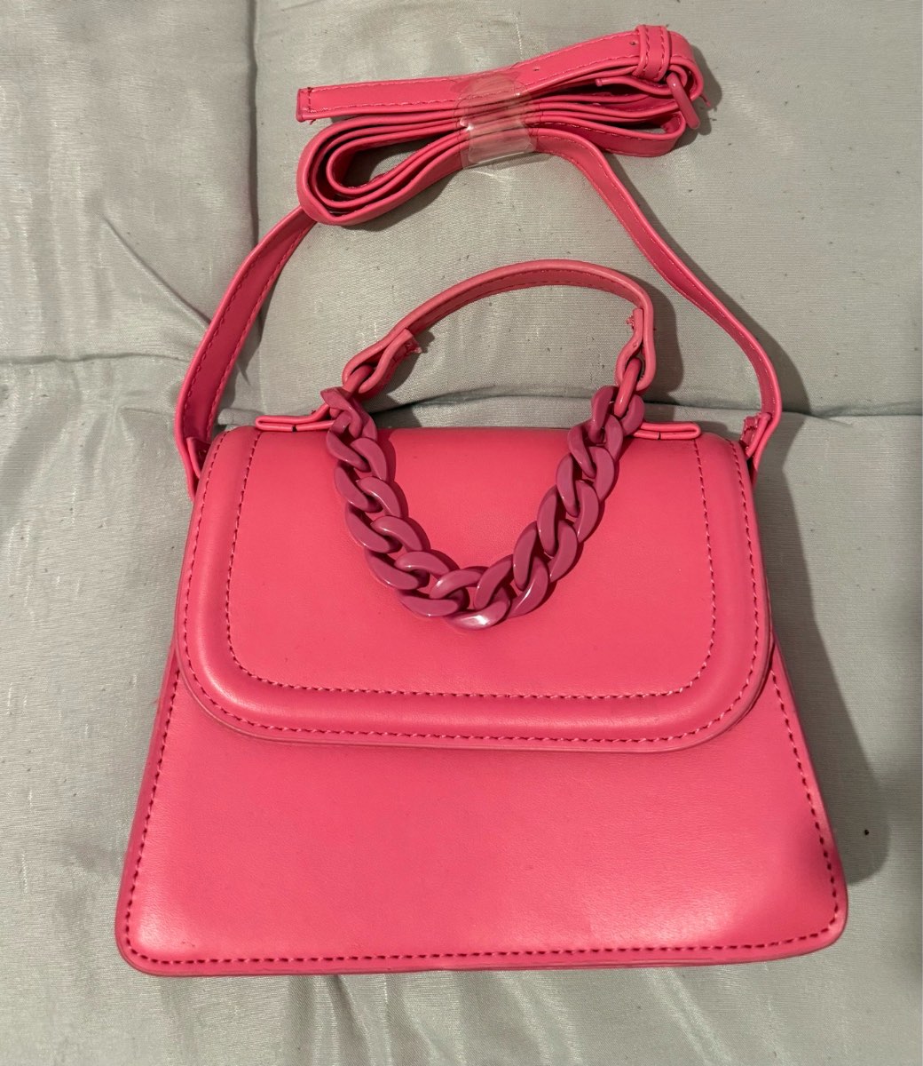 Bright Pink Chain Handle Crossbody / Shoulder Bag – Faux Leather Handbag.