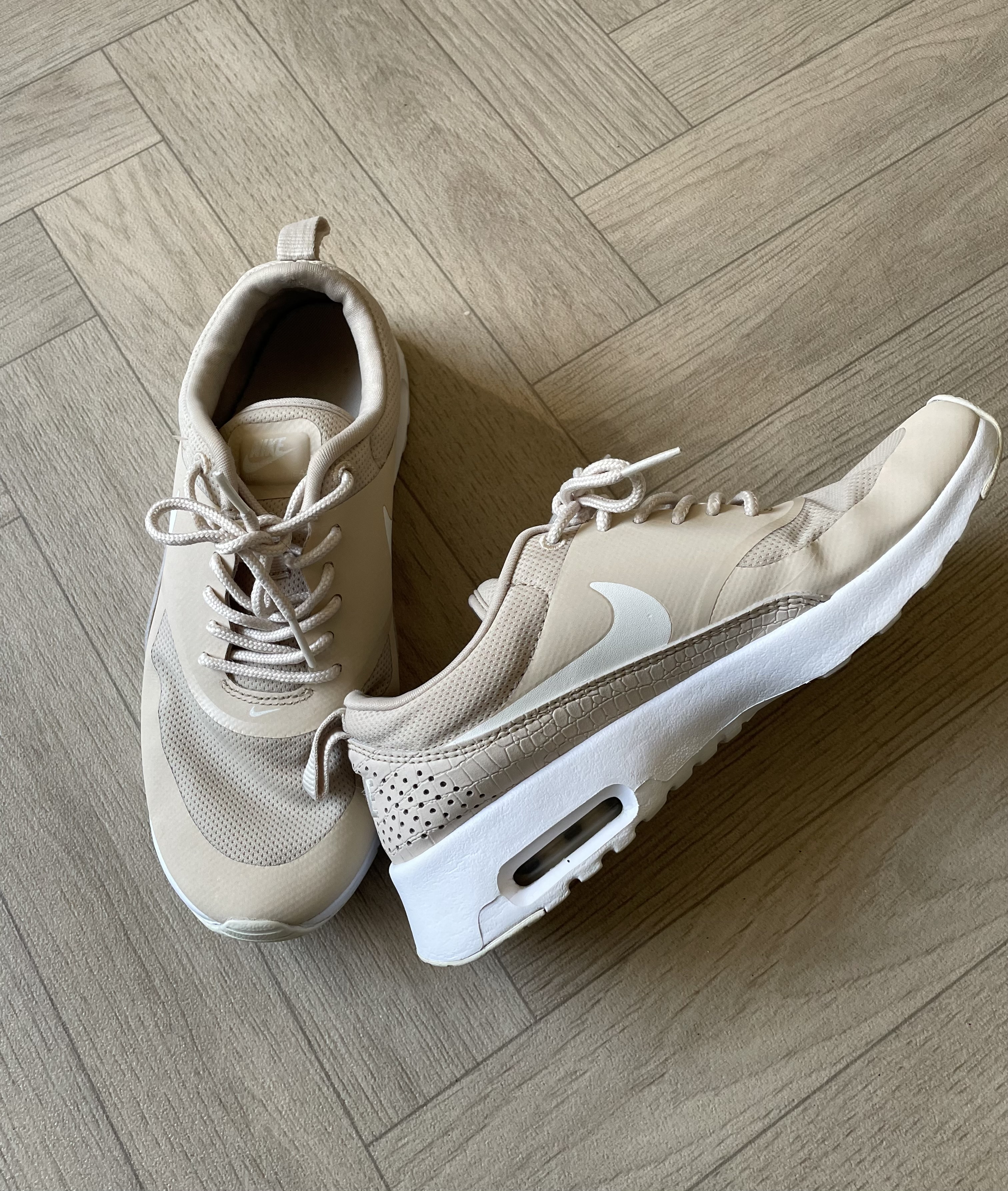Nike trainers, lace up ladies running shoes, beige and white, size 5. Worn once excellent condition