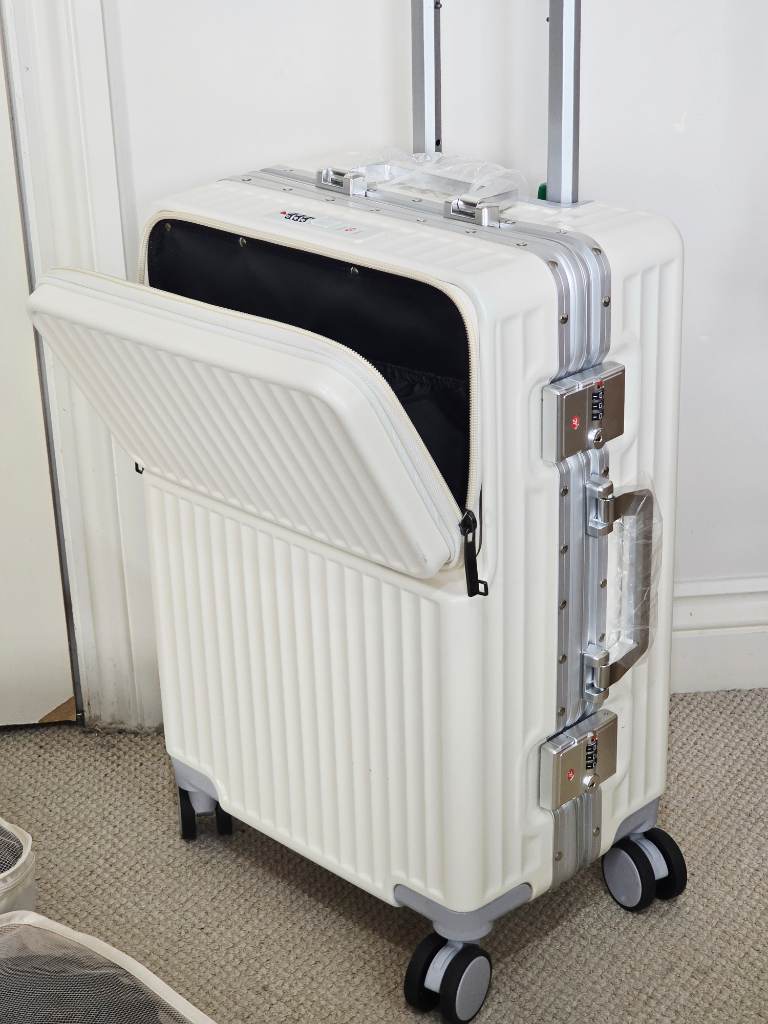 Cream White 20'' Front-Opening ABS Aluminium Frame 9-pc Suitcase Set with Cup Holder