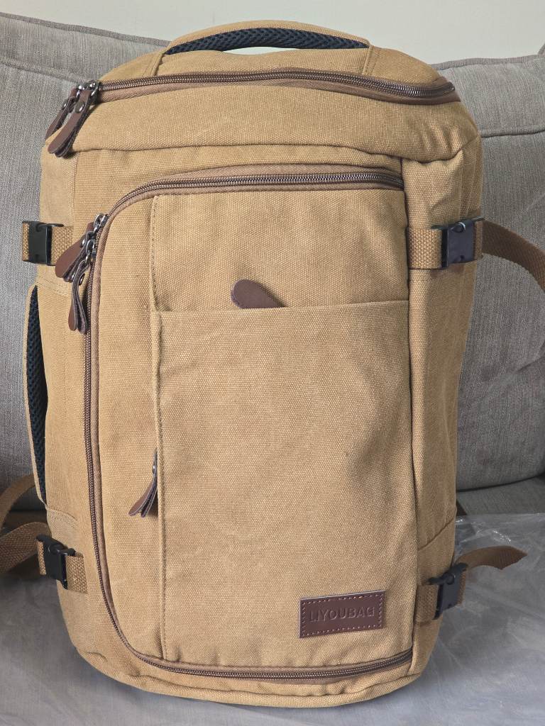 LIYOU BAG Coffee Brown Canvas Flight Approved Cabin Travel Suitcase Backpack