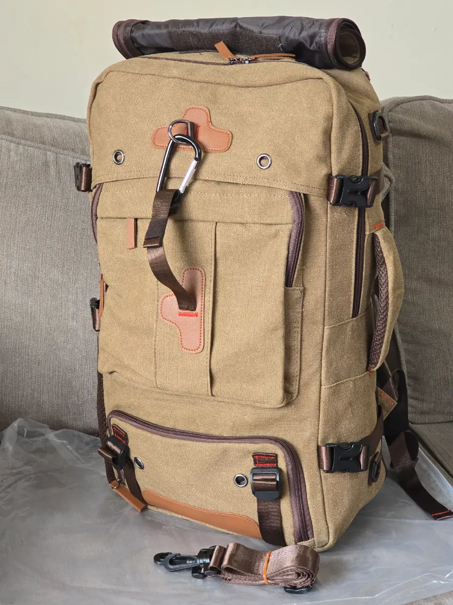 Coffee Brown Convertible Canvas Hiking Backpack, with Shoe Compartment