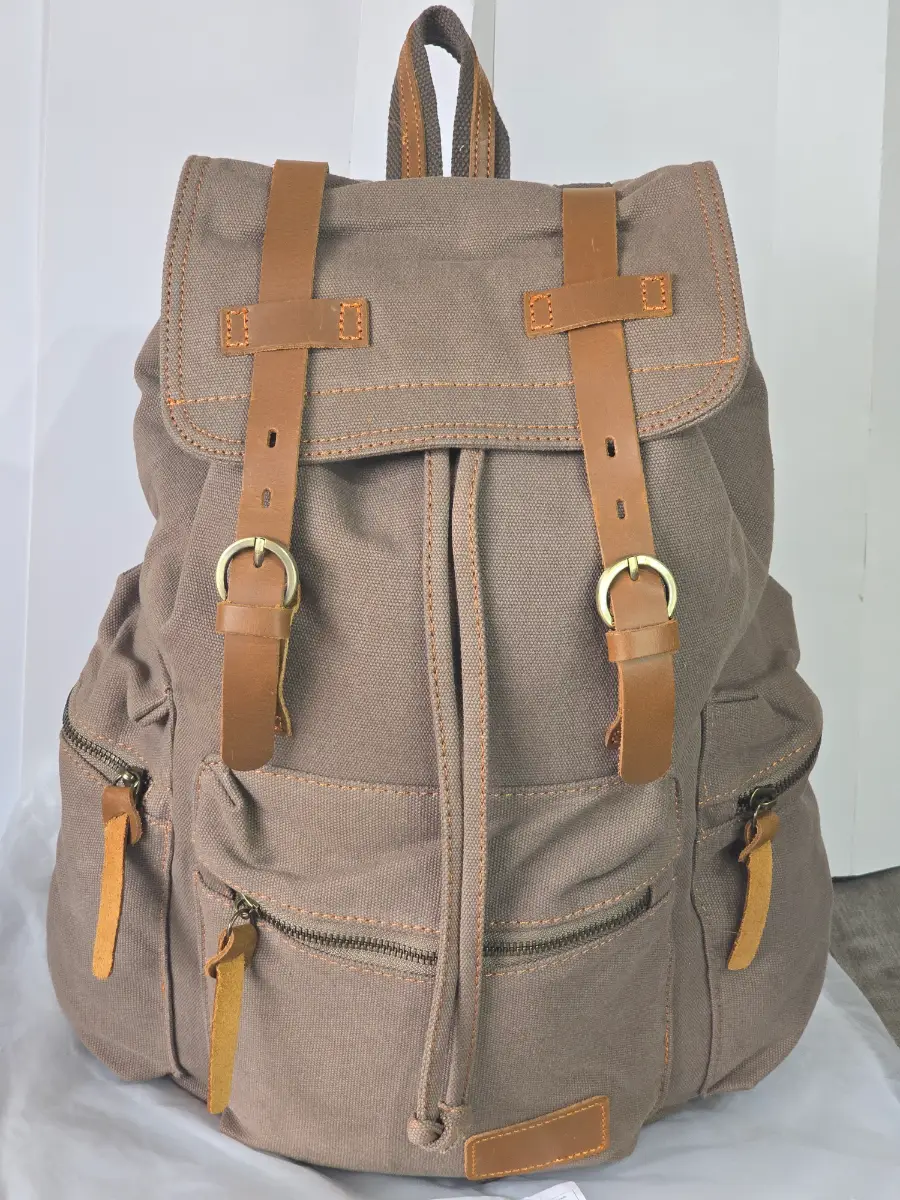 Light Brown Large Capacity Retro Canvas Hiking Backpack, With Multiple Compartments