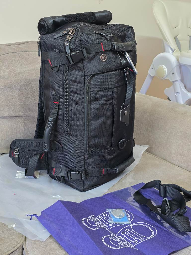 Black Heavy-Duty Convertible Hiking Backpack + Combination Lock & Shoe Bag