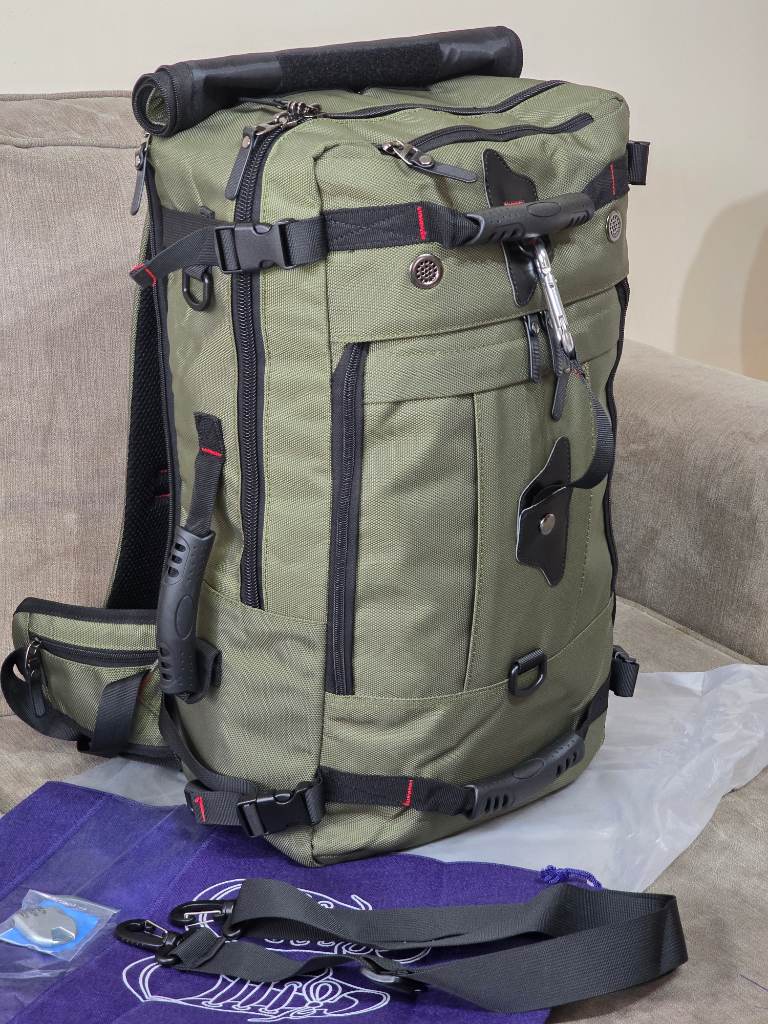 Army Green Heavy-Duty Convertible Hiking Backpack + Combination Lock & Shoe Bag