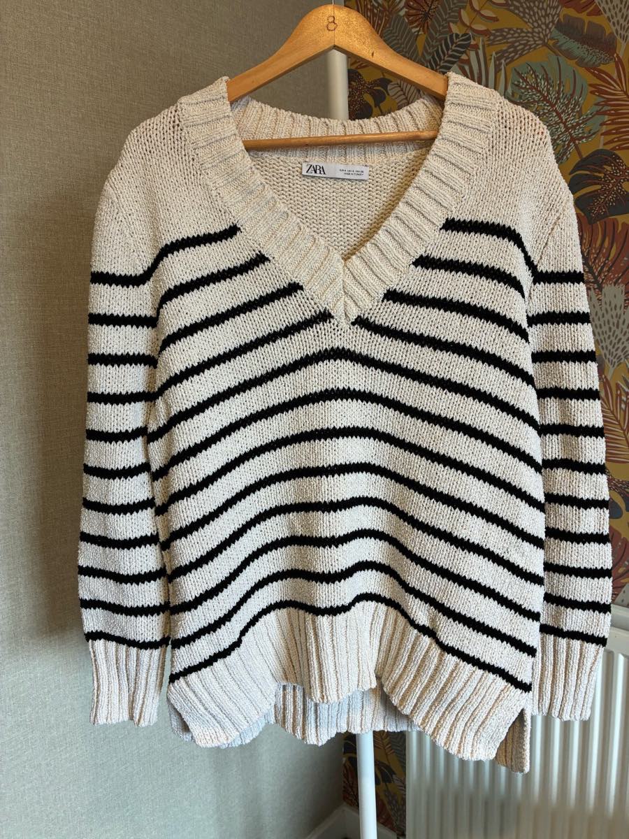 ZARA Striped Oversized V-Neck Chunky Knit Jumper - Size S