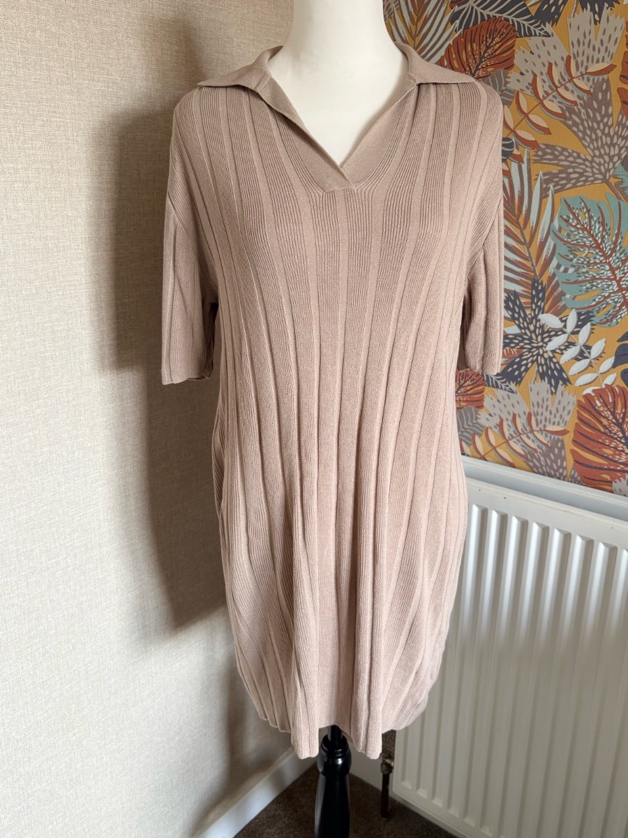 H&M Beige Ribbed Knit Collar Polo Mini Dress - Size XS
