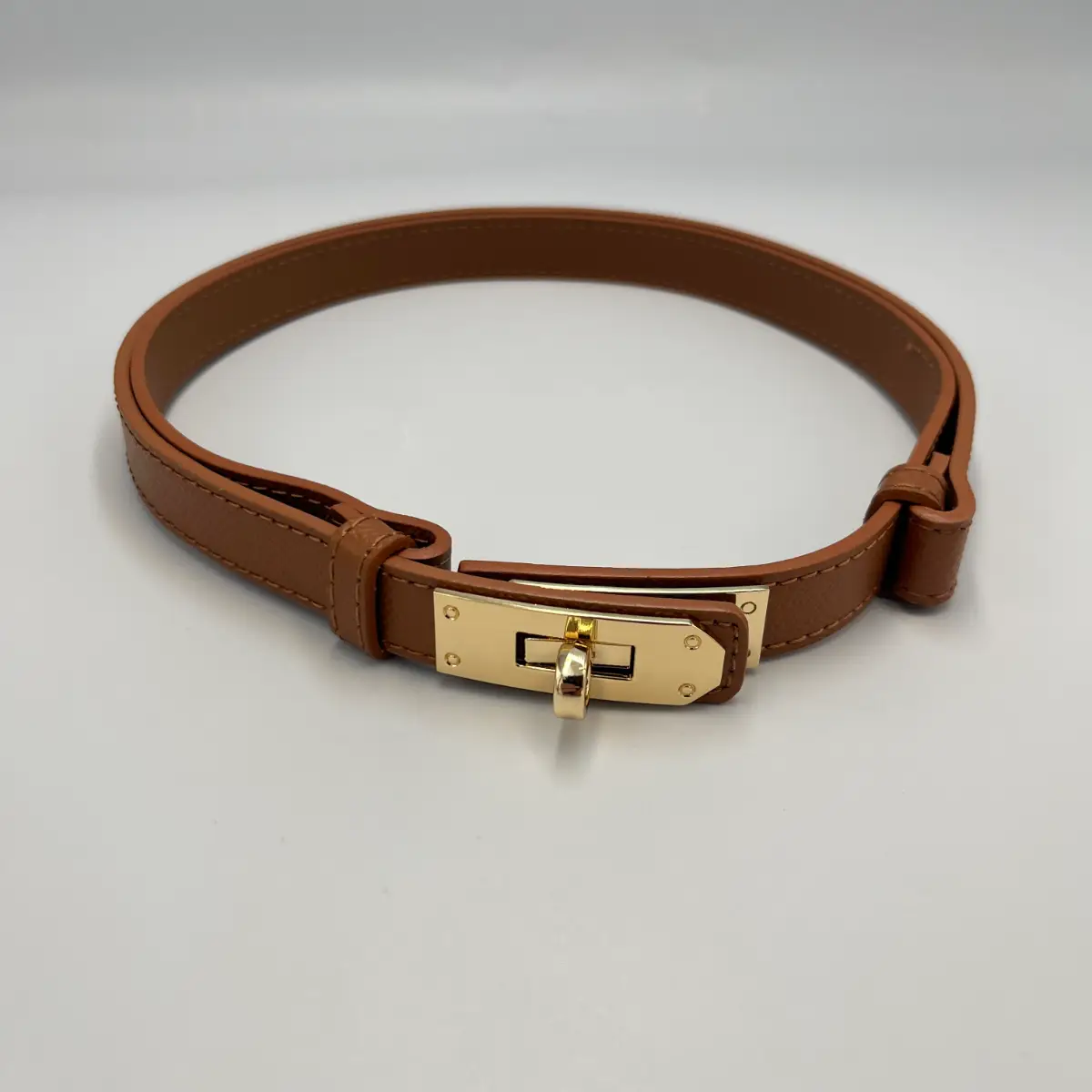 Ladies Skinny Brown Leather Belt with Gold Turn Key Lock Buckle
