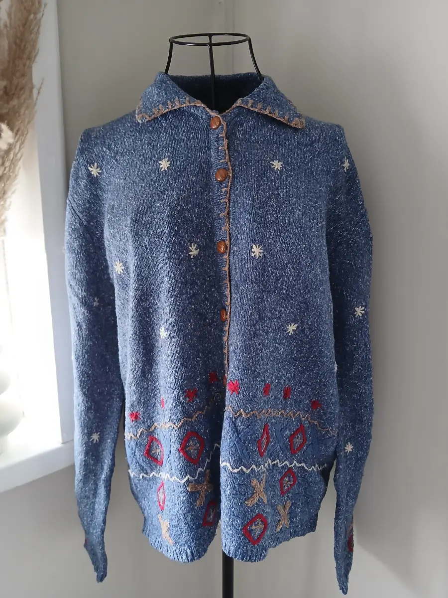 Teddi Vintage Embroidered Cardigan | Blue Marl | Size L | Folk Nordic Pattern