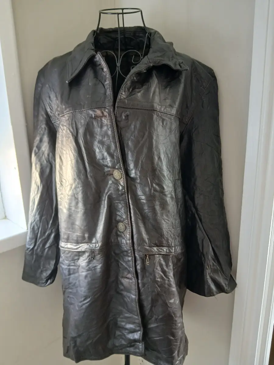 Unbranded Black Leather Mid Length Coat | Size Approx UK 14‑16 | Project Repair