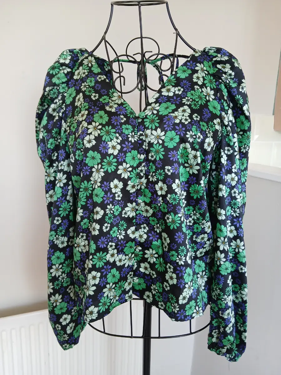 Topshop Black Green Blue Floral Puff Sleeve Blouse | Size UK 8 | New With Tags