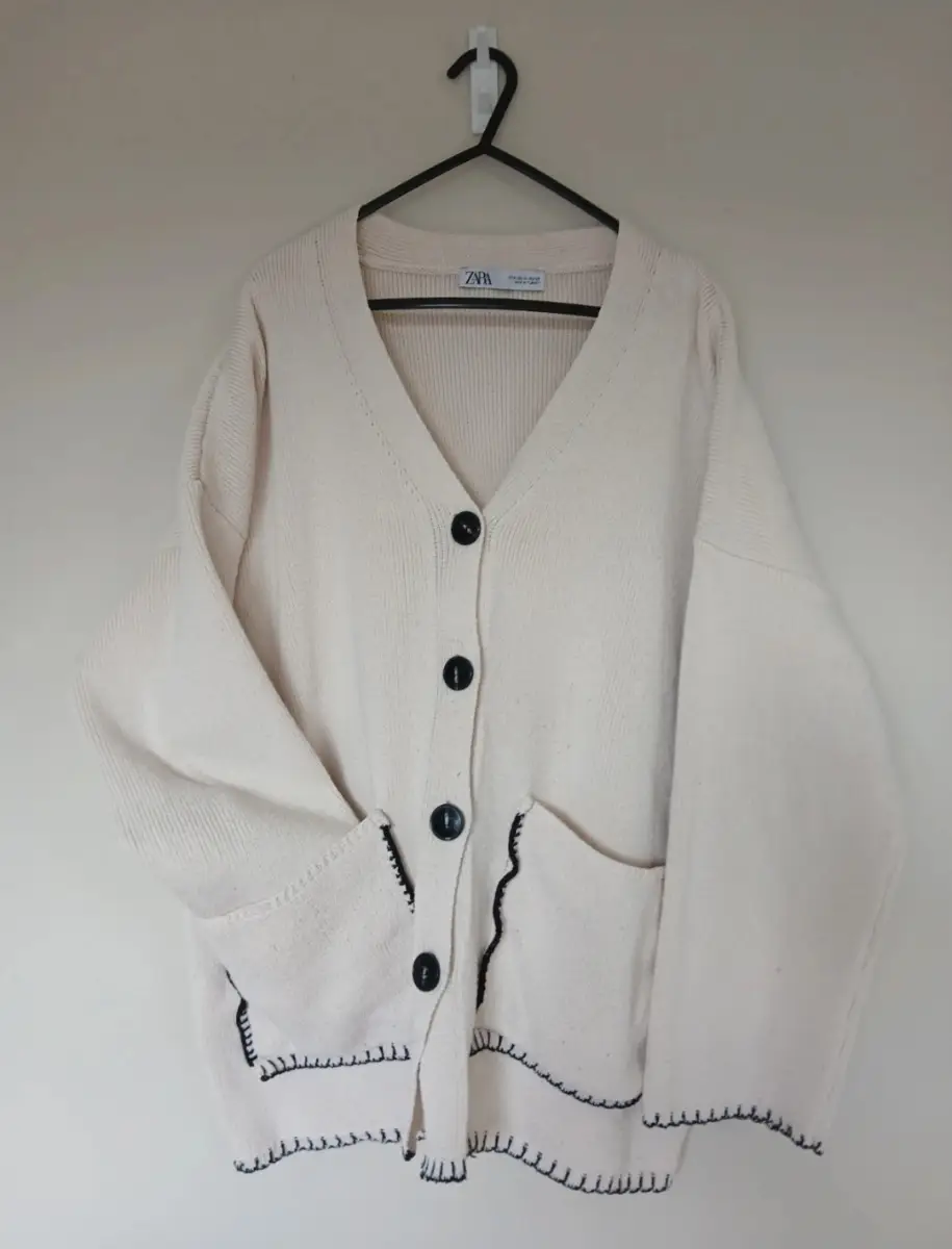 Zara Cream Contrast Black Stitch Cardigan Oversized | Size M | Cottagecore