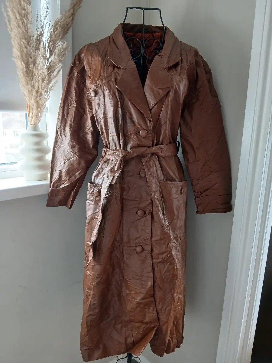Vintage Brown Leather Belted Long Coat | Genuine Leather | Size S | Retro | Trench Coat | 90s Vintag