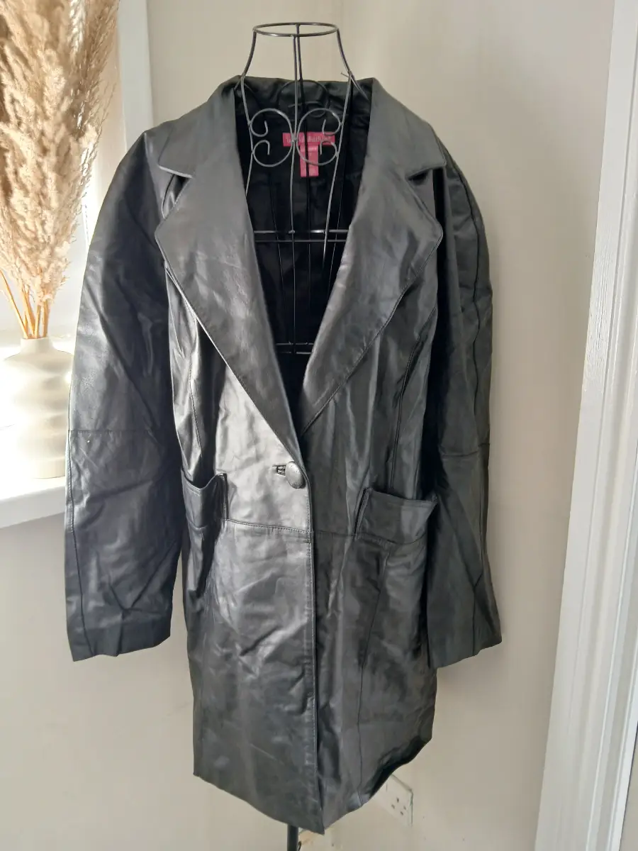 Woman Within Black Genuine Leather Coat | Size 22W UK 20‑22 | Single Breasted
