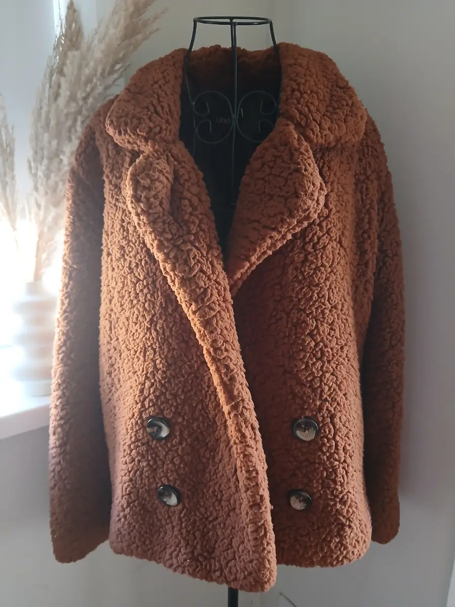 Rust brown teddy coat | Faux shearling | Size L | Double breasted