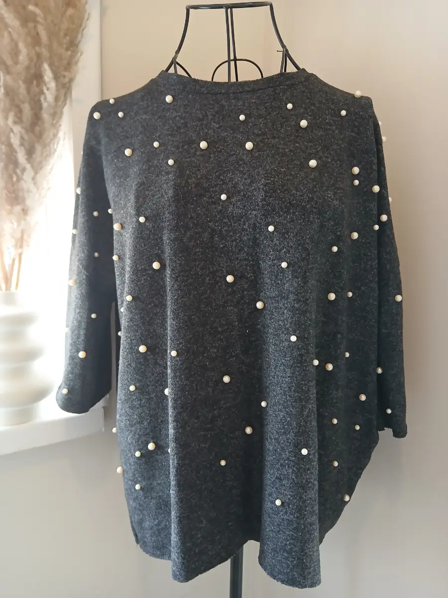 Zara Trafaluc Dark Grey Marl Pearl Embellished Top | Size S UK 8-10 | Relaxed Fit