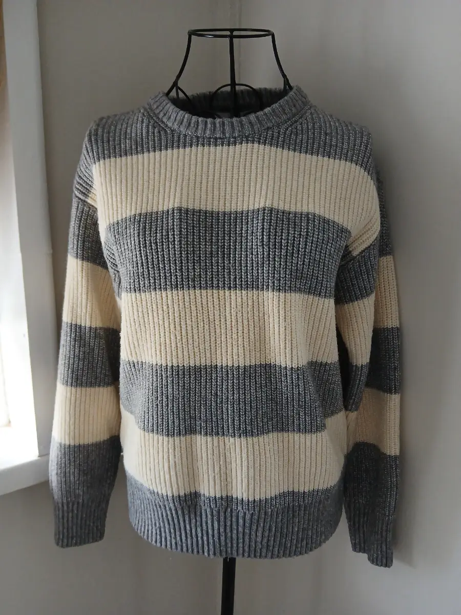 M&S Ribbed Striped Crew Neck Jumper | Grey Cream | Size S UK 8‑10 | Relaxed Fit