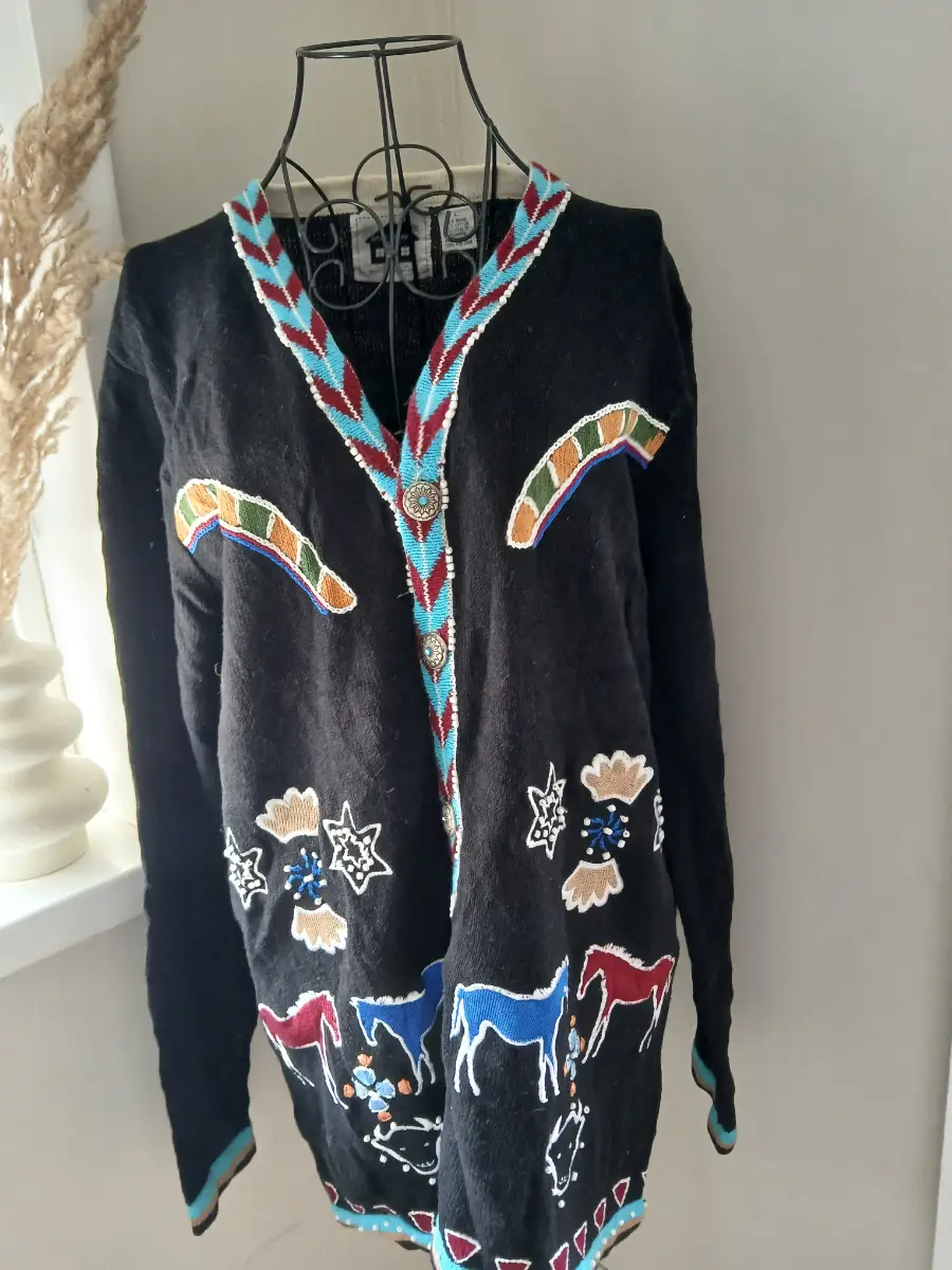 Black Embroidered Horse Cardigan | Black | Size L | Vintage | Storybook Knits
