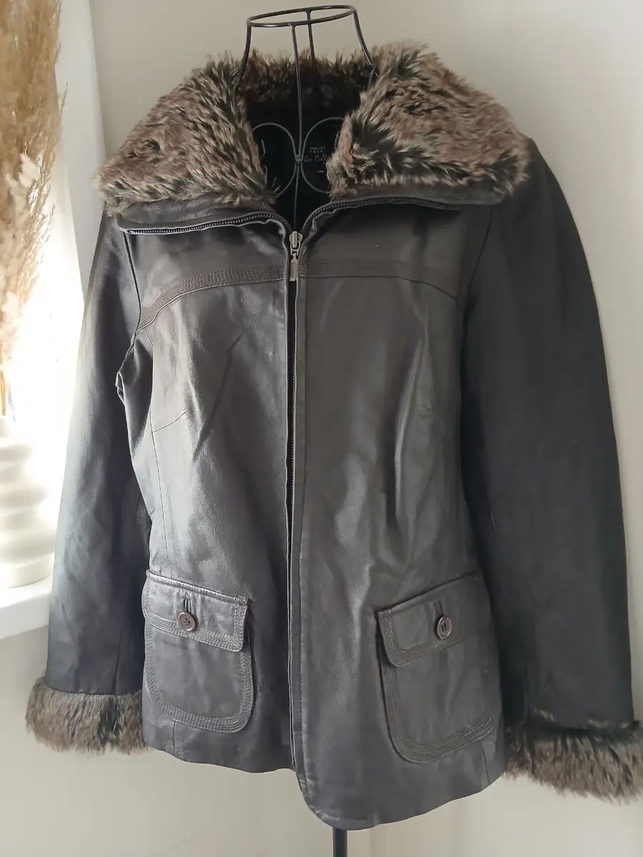 Wallace Sacks Leather Collection Pig Nappa Jacket | Dark Brown Faux Fur Trim | UK 12‑14 | Vintage