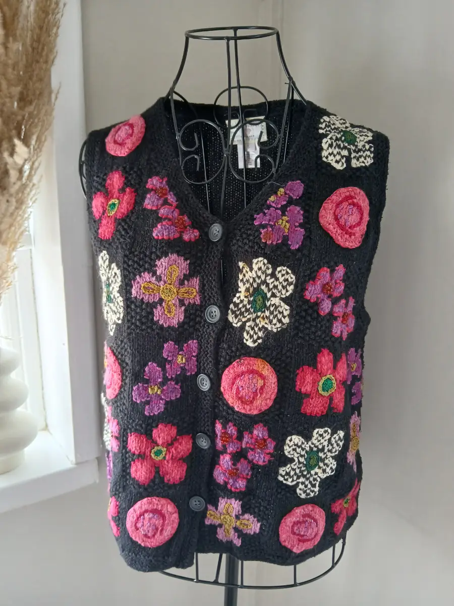 Susan Bristol Vintage Floral Knit Waistcoat | Black Multi | Size S | 1999 90s