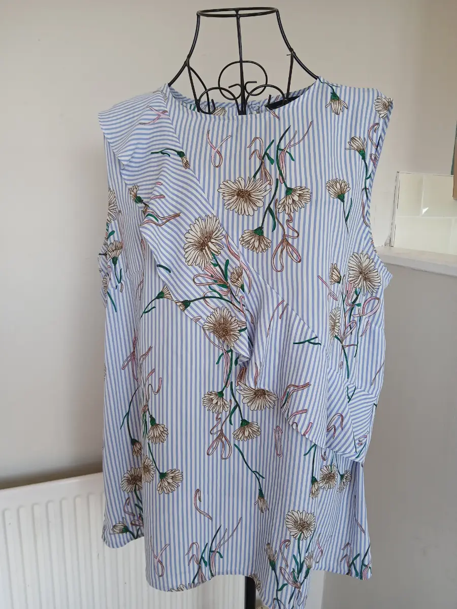 F&F Blue White Stripe Floral Ruffle Sleeveless Blouse | Size UK 10 | Summer Top