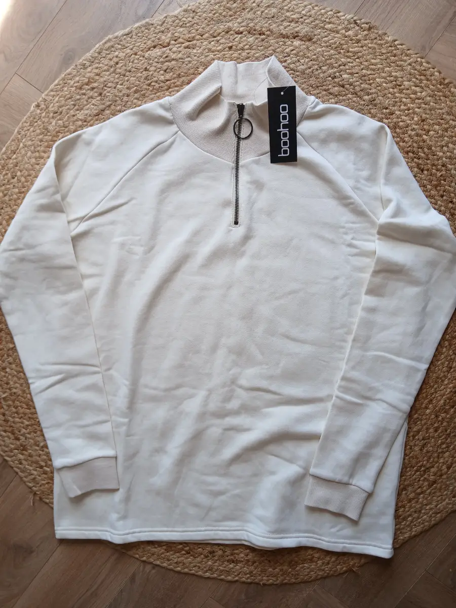 Boohoo Cream Half Zip Sweatshirt | Size UK 8 | Ring Pull Funnel Neck