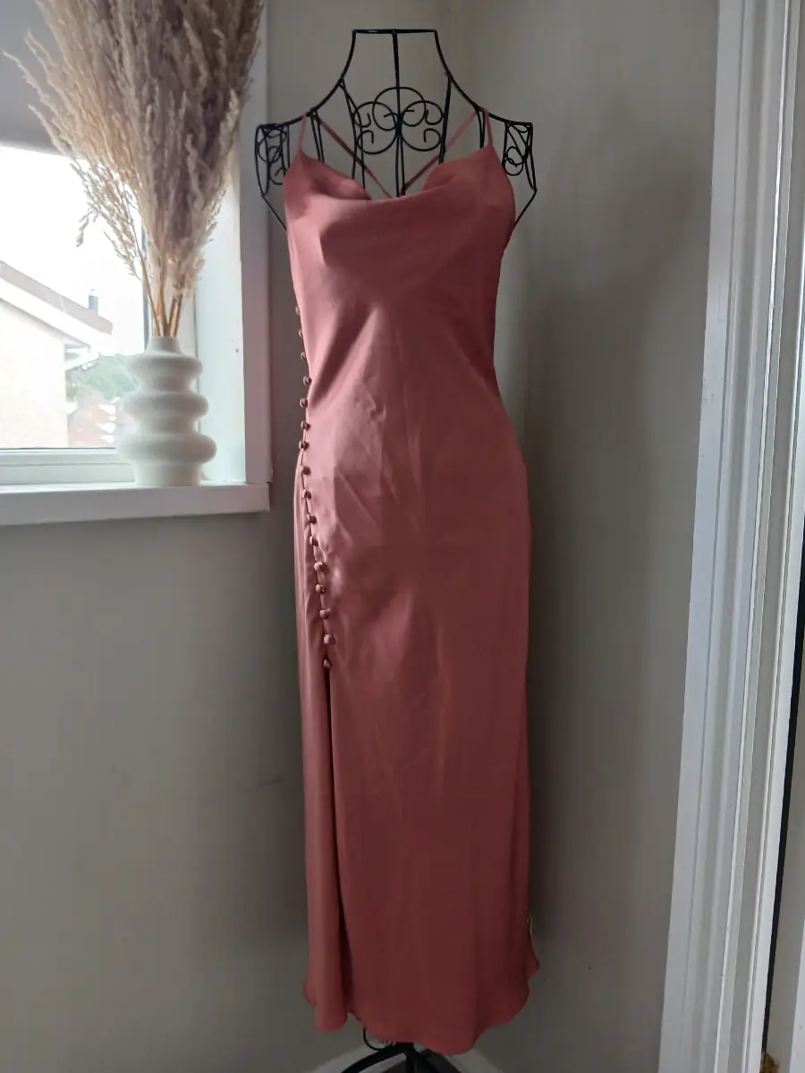 Zara Rose Pink Satin Cowl Neck Midi Slip Dress | Size XS UK 6-8 | Side Button Split