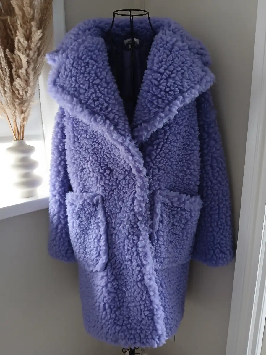 Topshop Lilac Faux Fur Teddy Coat | Size S UK 8‑10 | Oversized Collar Pockets