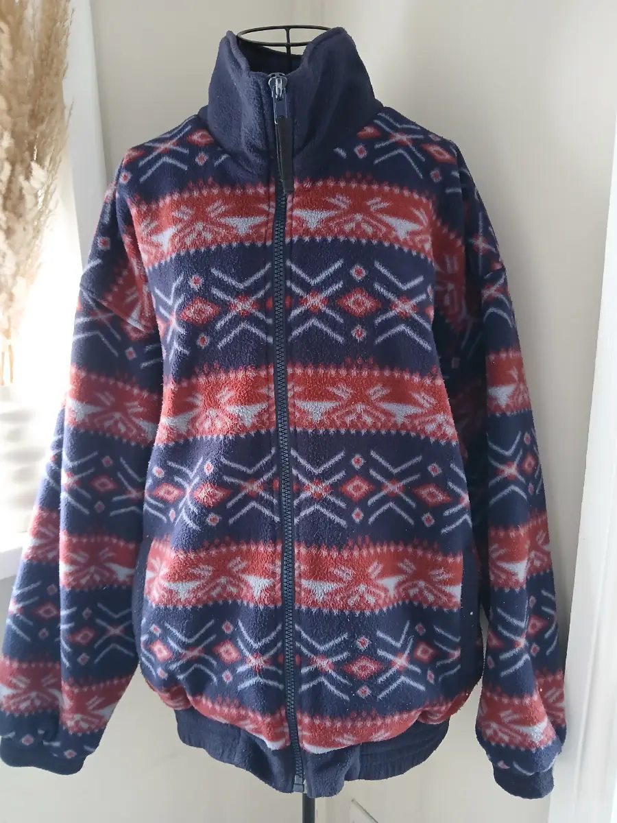 Ashes Vintage Aztec Fleece Jacket | Navy Red White | Size L UK 14‑16 | 90s Retro