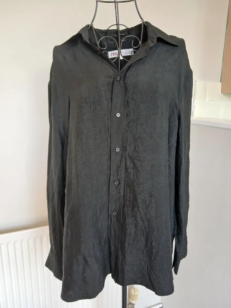 Zara Black Crinkled Acetate Long Sleeve Shirt | Size S UK 8-10 | Relaxed Fit
