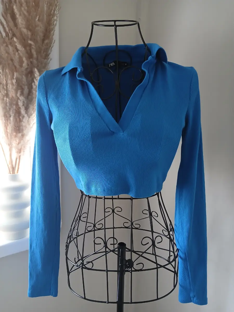 Zara Bright Blue Ribbed Collared Long Sleeve Crop Top | Size S