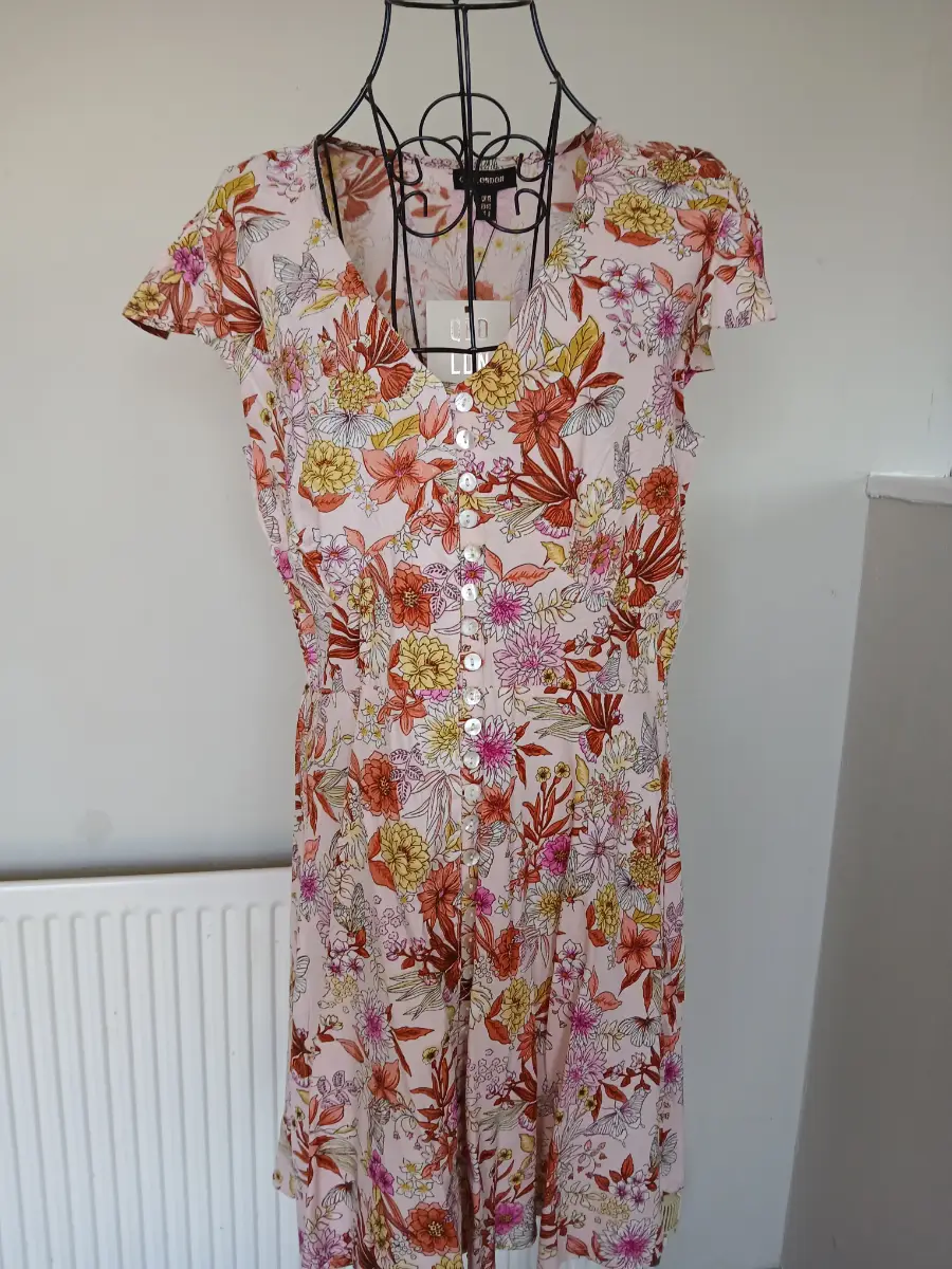 QED London Pink Floral Button Front Midi Dress | Size UK 12 | New With Tags