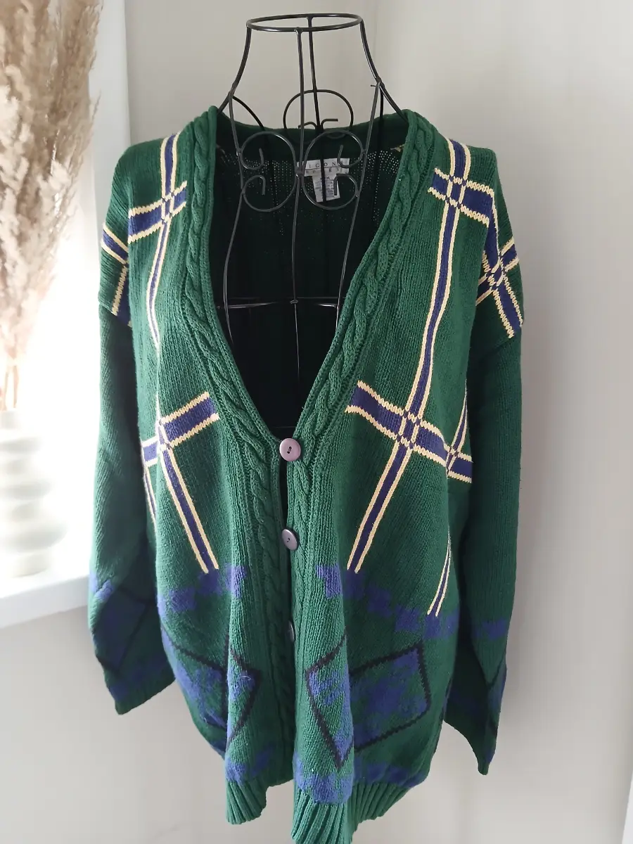 Picone Sport Vintage Argyle Cardigan | Green Blue Cream | Size M | 90s Prep