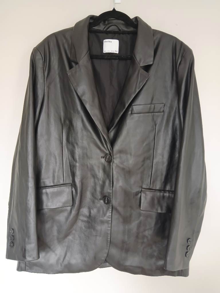 Bershka Black Faux Leather Blazer UK L | Oversized Vegan Leather Jacket Smart Casual