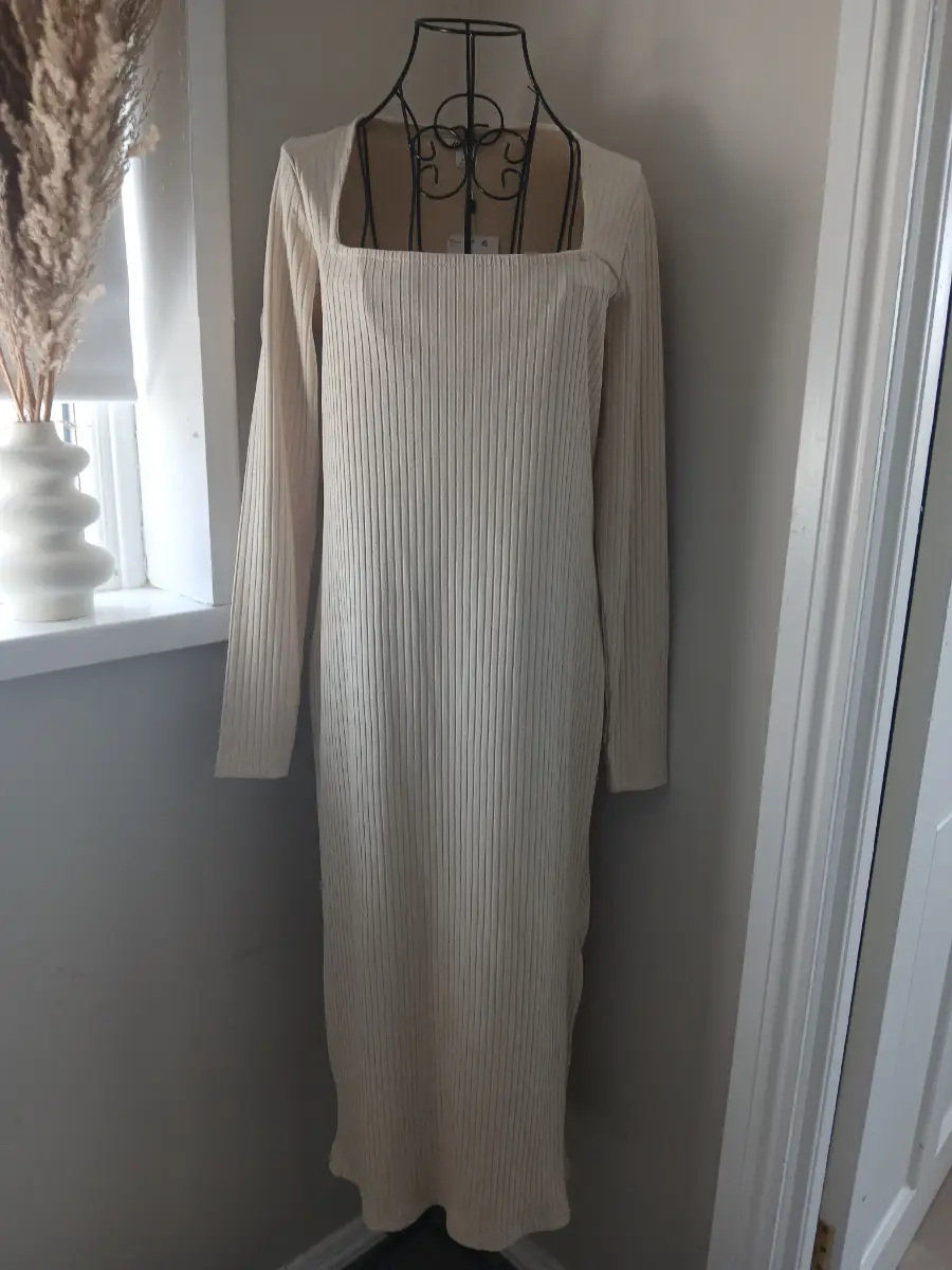 Monki Ribbed Midi Dress | Cream Square Neck | Size M | Long Sleeve Side Split