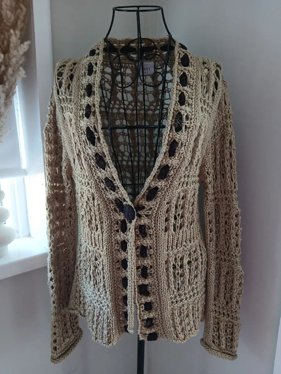 Next Crochet Knit Cardigan | Beige & Black | Size UK 12 | Boho Y2K Style