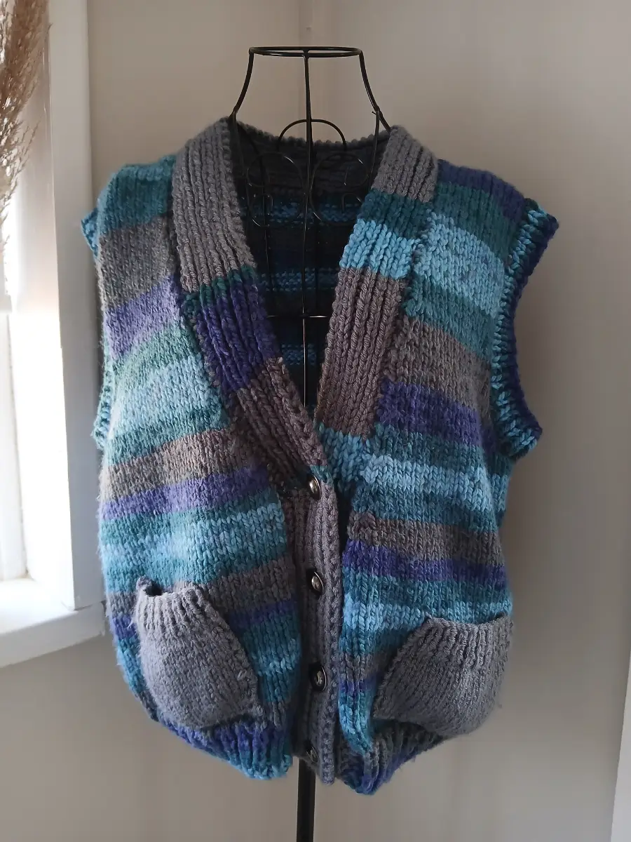 Hand Knit Striped Waistcoat | Blue Grey Purple | Relaxed Fit | Chunky Knit Vest