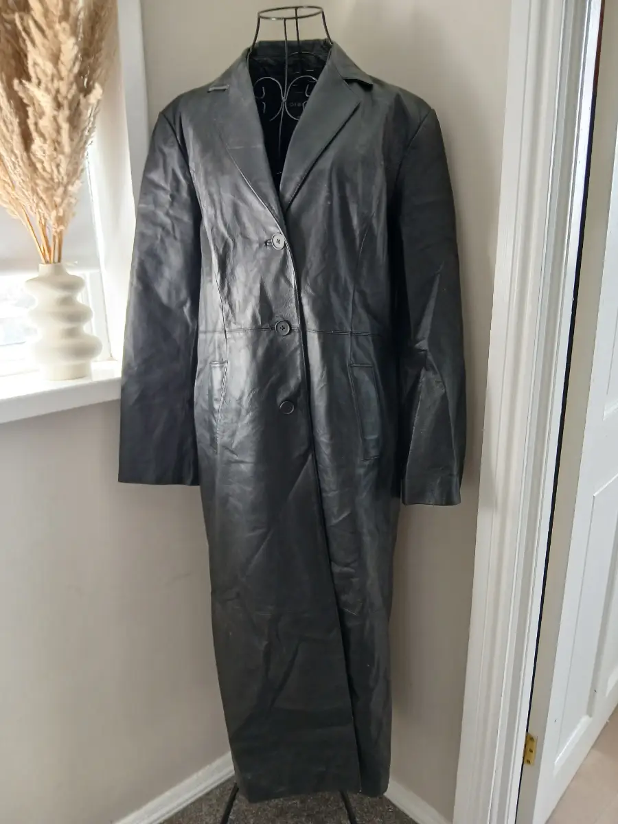 George Black Genuine Leather Long Coat | Size L UK 14‑16 | Vintage Button Through