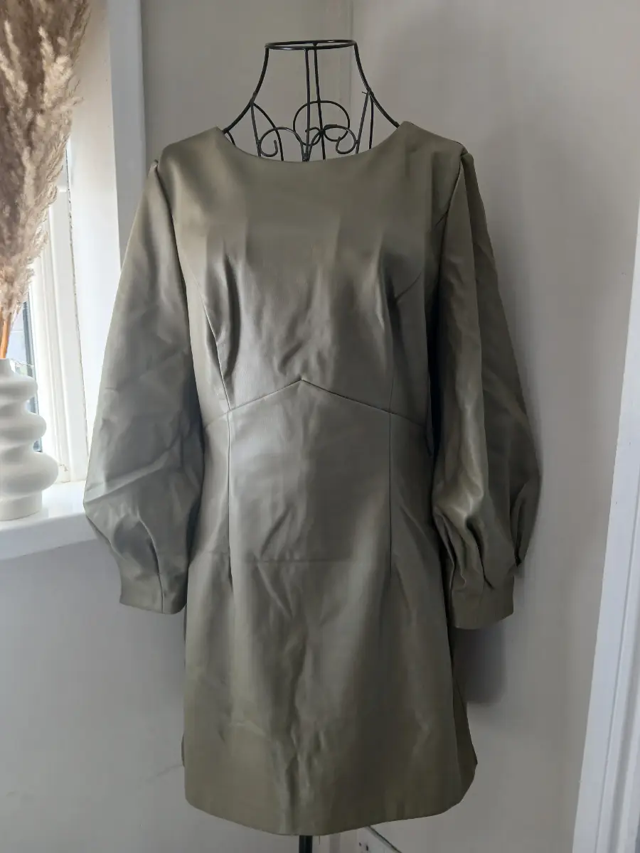 Forever New Light Khaki Vegan Leather Mini Dress | Size 12 | Open Back Bow Dress | Puff Sleeve | NWT
