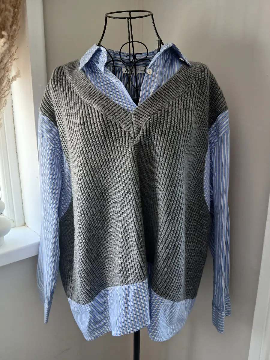 Zara Grey Knit Blue Stripe Hybrid Shirt | Oversized Layer Look | Size XS‑S