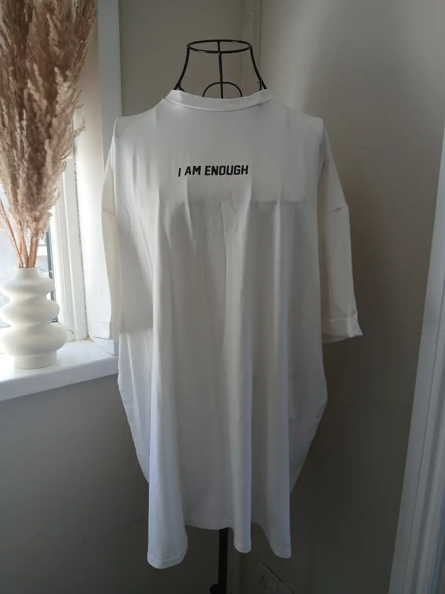 Boohoo White Oversized T‑Shirt Dress | “I Am Enough” Slogan | Size UK 10