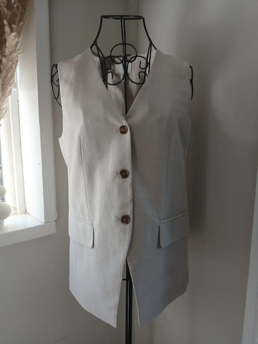 H&M Beige Linen Blend Waistcoat | Longline Sleeveless Gilet | Size EU 36 UK 8-10