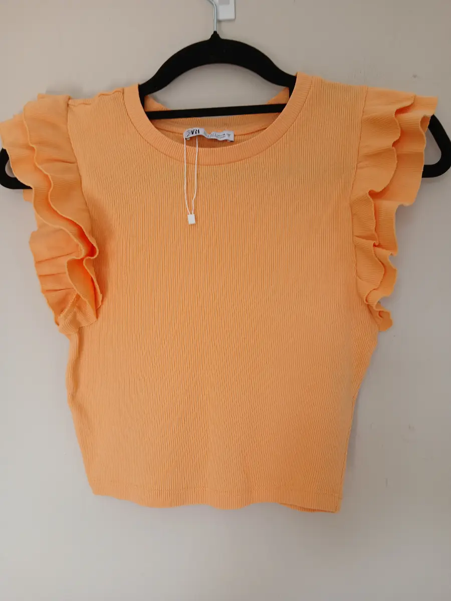 Zara Peach Ribbed Frill Sleeve Top | UK 10 / EU 38 | BNWOT