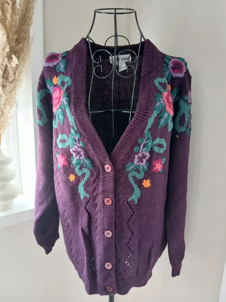 Alfred Dunner Vintage Floral Embroidered Cardigan | Plum Purple | Size M UK 10‑12