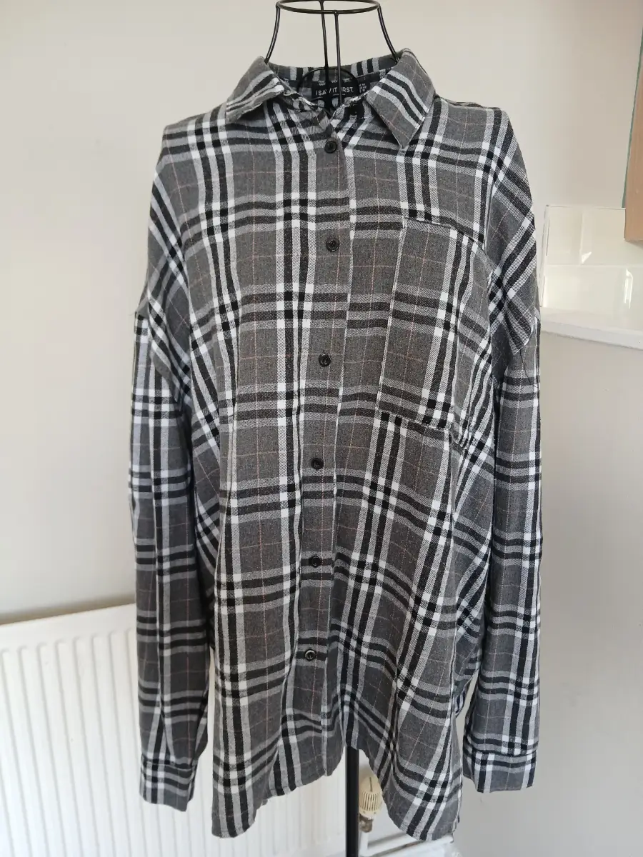 I Saw It First Grey Check Oversized Flannel Shirt | Size UK 14 | Long Sleeve