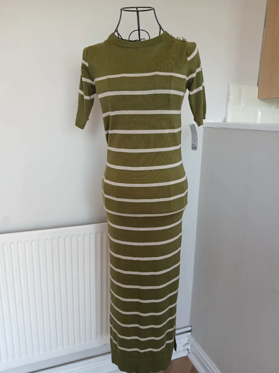 Dorothy Perkins Khaki Cream Stripe Knit Midi Dress | Size UK S 8 | New With Tags