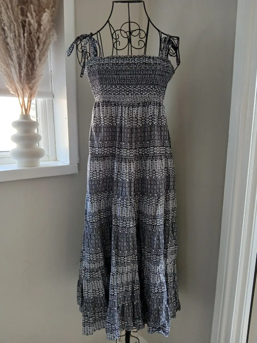 BHS Black, Grey, White Geometric Print Tiered Midi Dress | Size UK 12 | Tie Straps
